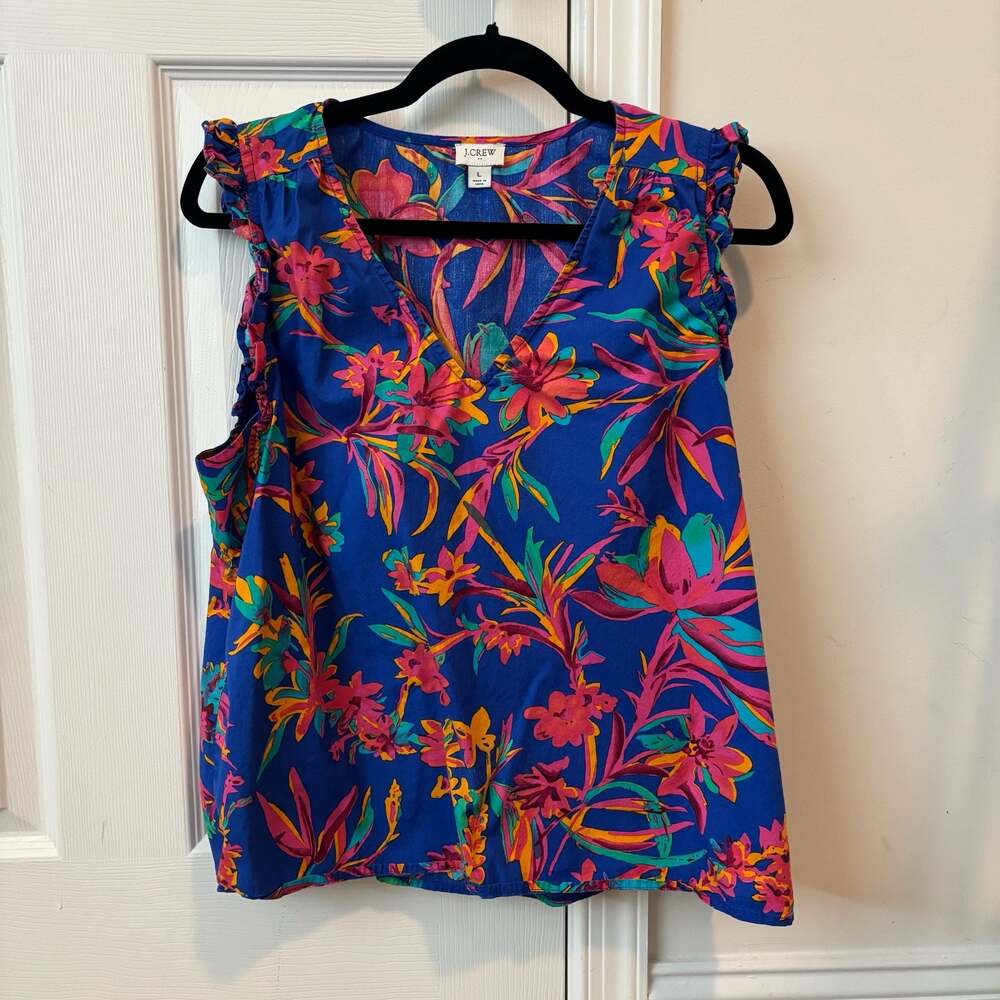 J.Crew Neon Tropical Floral V-Neck Ruffle Sleeveless Blouse